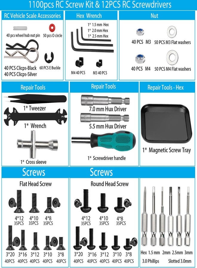 Kimapeso 1100 PCS RC Screw Kit and RC Screwdrivers Repair Set with Aluminium Screw Tray for Traxxas Axial Redcat Arrma HPI HSP SCX10 RC4WD 1/8 1/10 1/12 1/16 Scale RC Crawler Truck Buggy Car - Image 2